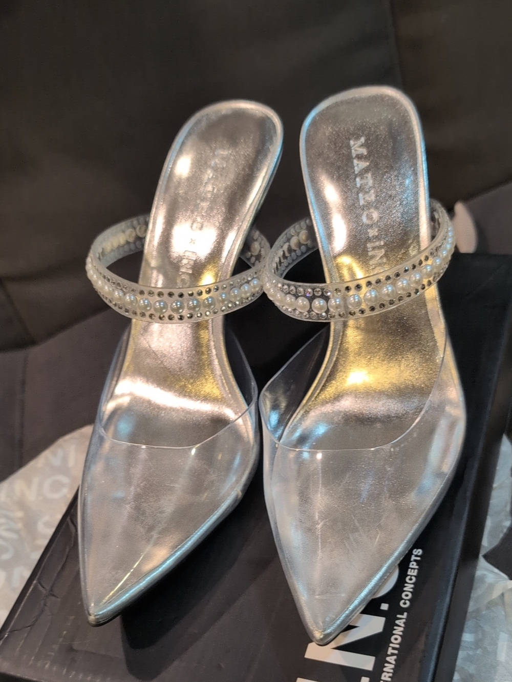INC Clear Silver Pearl-Detail Mule Heels. NWT. Size 8.5 - Picture 2 of 8